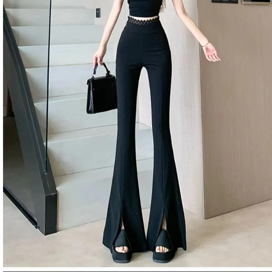 【晨浠定制】新款时尚气质显瘦柔美腰拼蕾丝高腰开叉微喇裤33013