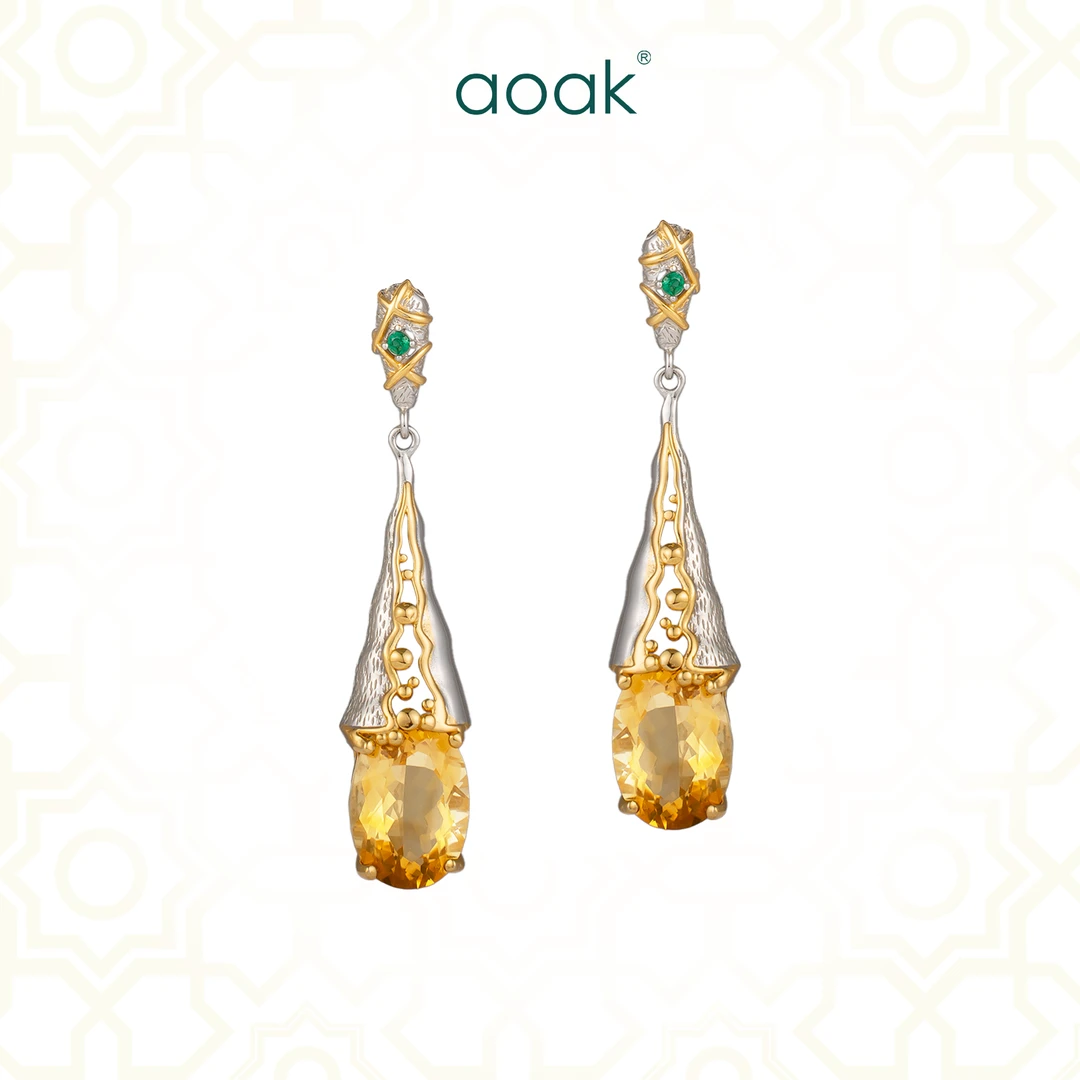 【aoak】A130天然黄水晶925银镀金独特设计镶嵌铃铛形耳钉式耳环
