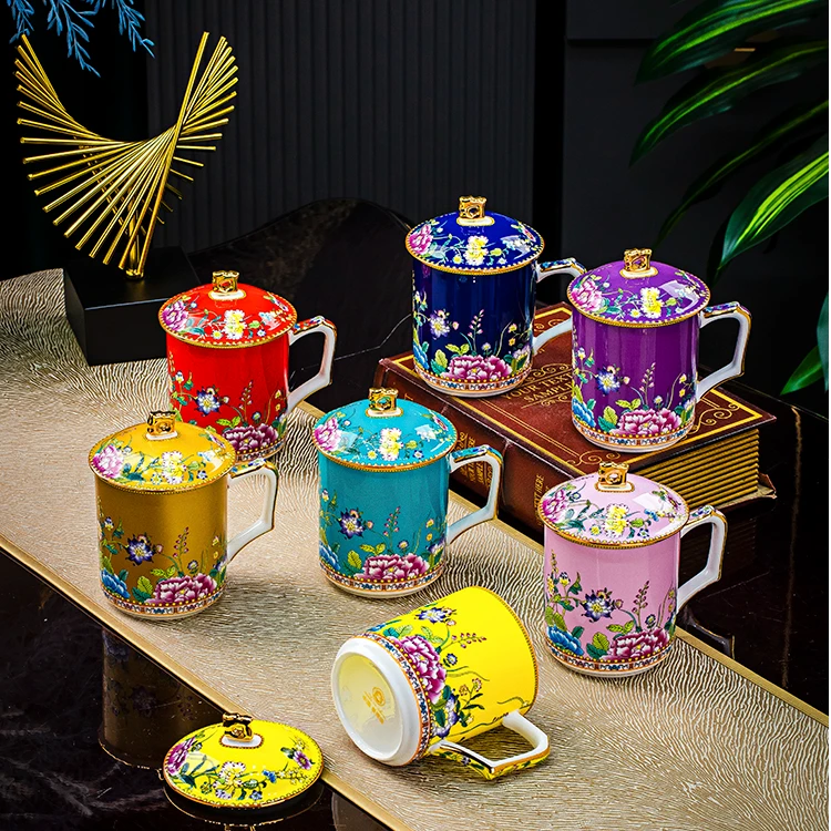 【虞美人办公杯】景德镇珐琅彩虞美人办公杯高档家用陶瓷带盖