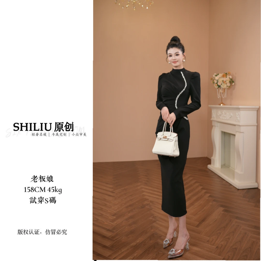 【十六定制】女重工设计感镶钻修身显瘦正式场合黑色连衣裙70647