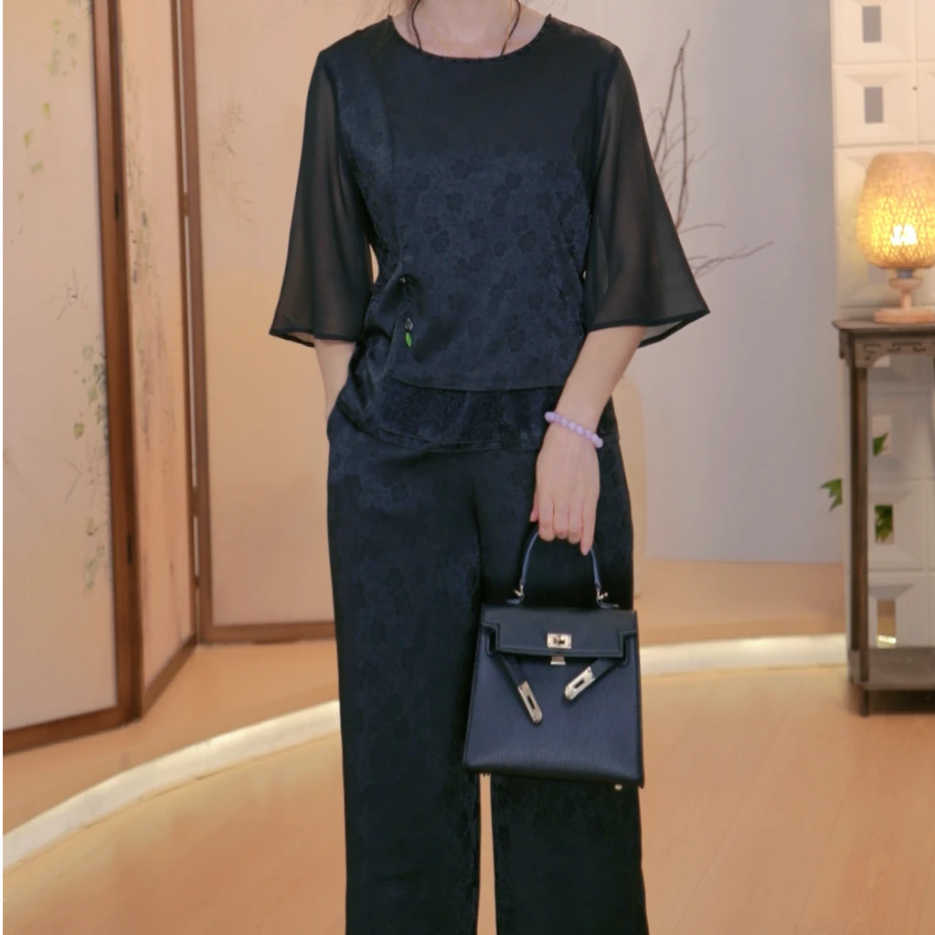 套装 上衣+裤子黑色提花透气夏季2025新两件套