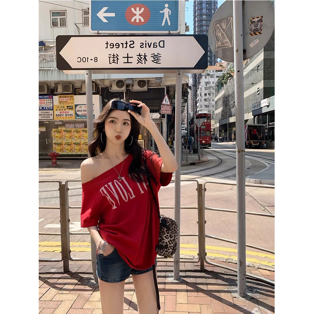 Fashey美式西海岸多巴胺宽松慵懒斜肩短袖上衣女夏热辣露肩女t恤