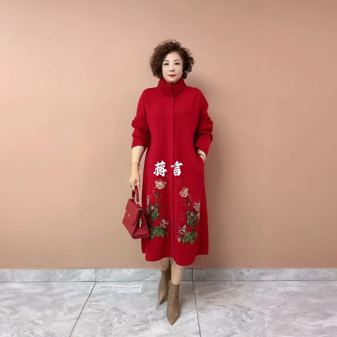 50160中老年中长款双面呢羊绒衫大衣胖妈妈装秋冬高档加大码外套