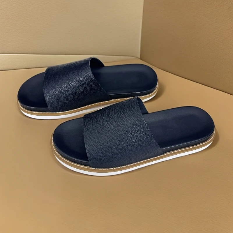 一字真皮凉拖鞋牛皮休闲厚底百搭黑色透气外穿夏季经典拖简约拖鞋