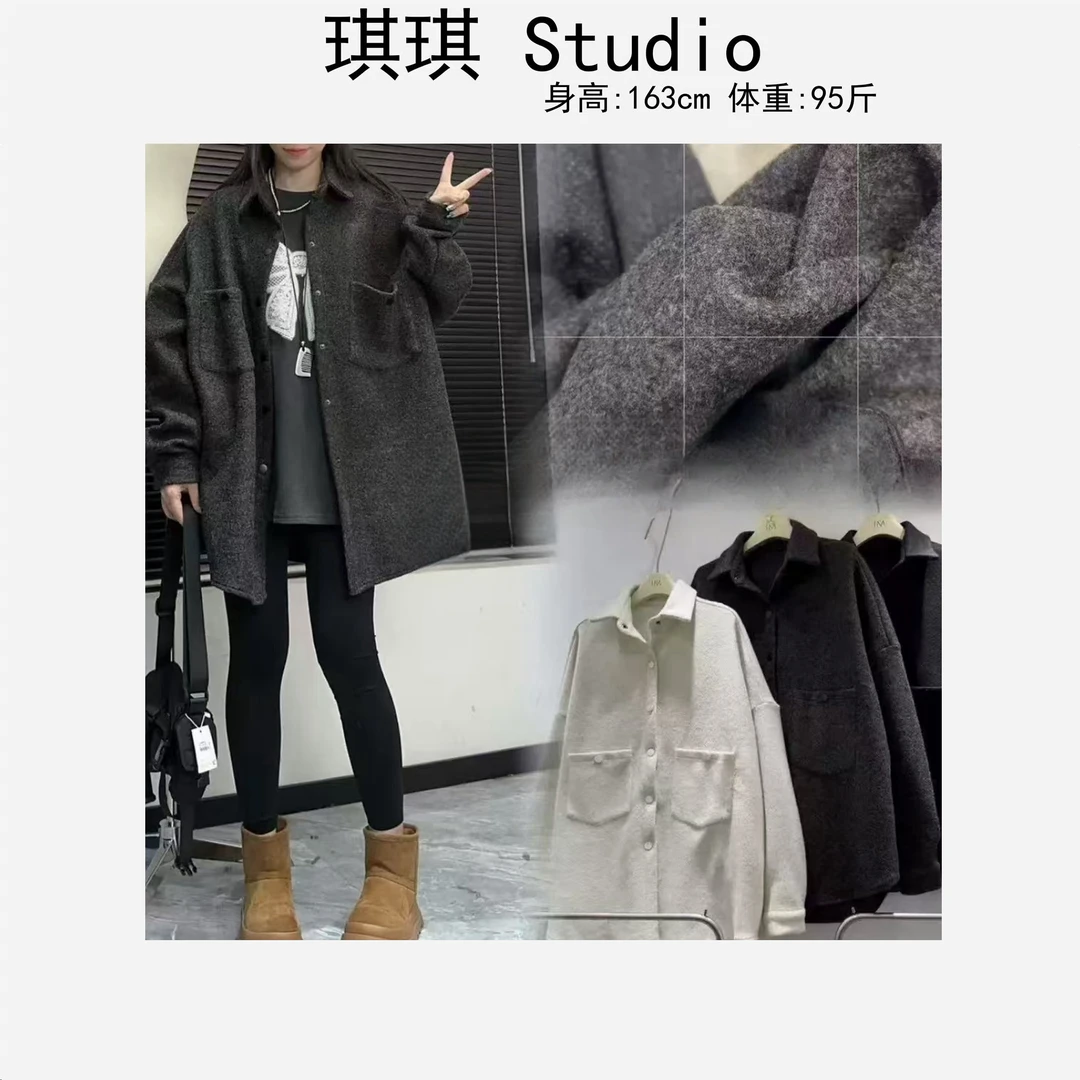 冬季新款加厚潮流气质时尚翻领排扣双口袋显瘦减龄衬衫外套5399-G