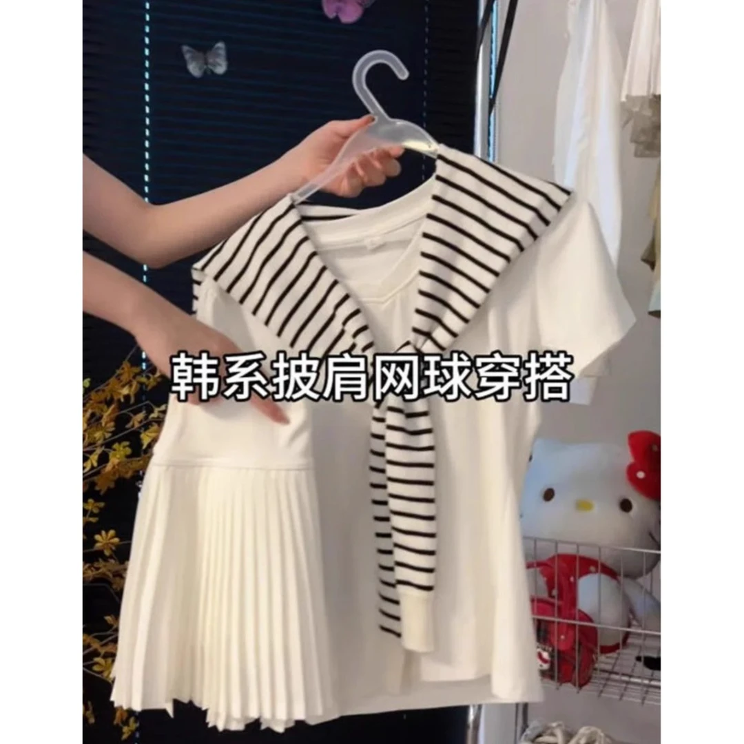 夏季套装女2025年新款韩系学院风穿搭减龄条纹披肩上衣短裙三件套