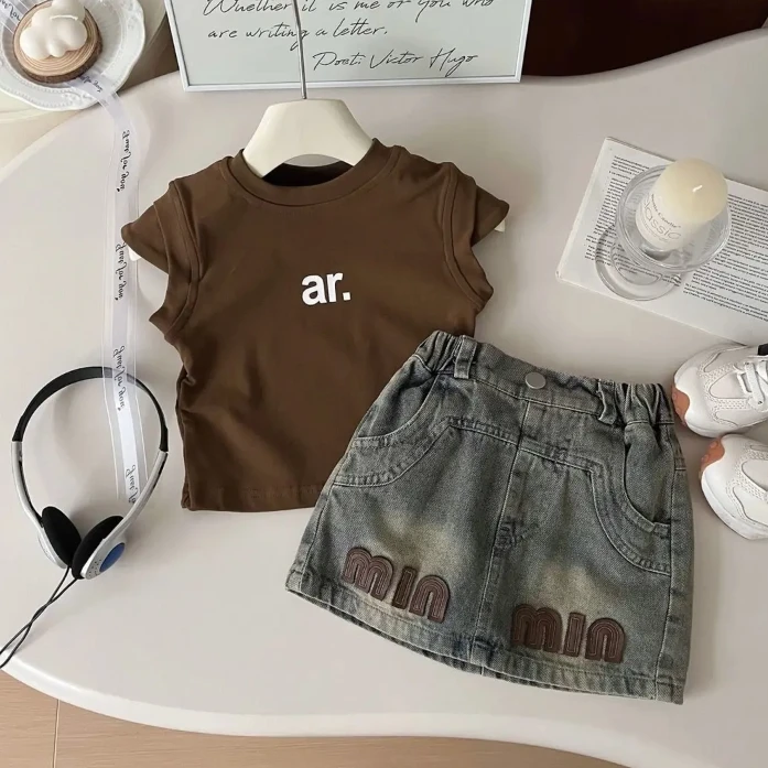 女童夏季ol时尚套装儿童印花短袖韩版休闲牛仔裙小童百搭洋气薄款