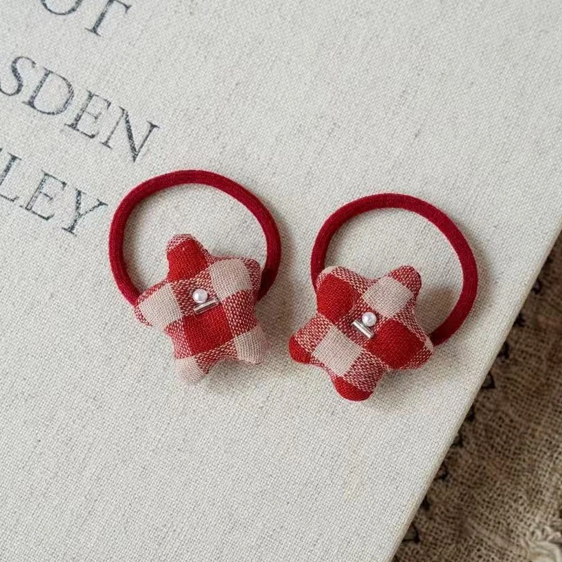 A-6269  rw 1对红格子星星布艺珠珠新年甜美耐用头绳        发圈