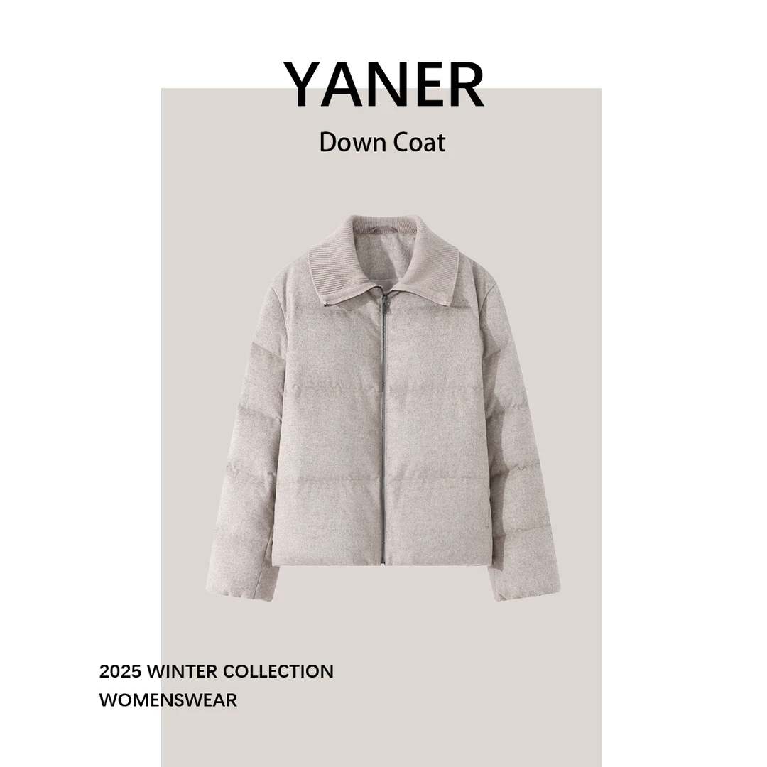 YANER/燕尔意式初剪原色绵羊毛针织立领中/短款白鹅绒羽绒服