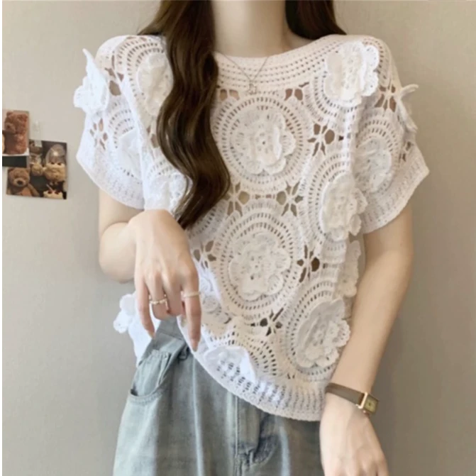 【七七专属】XS1944钩花镂空修身短款上衣 重工针织短袖T恤