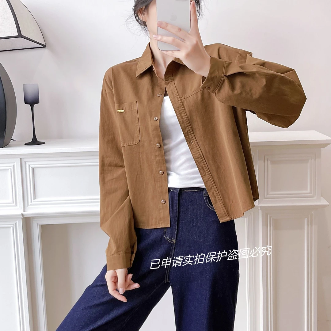 【小个子成衣洗水】秋冬新款骑兵斜洗水棉纯棉短款长袖衬衫内搭衬衣