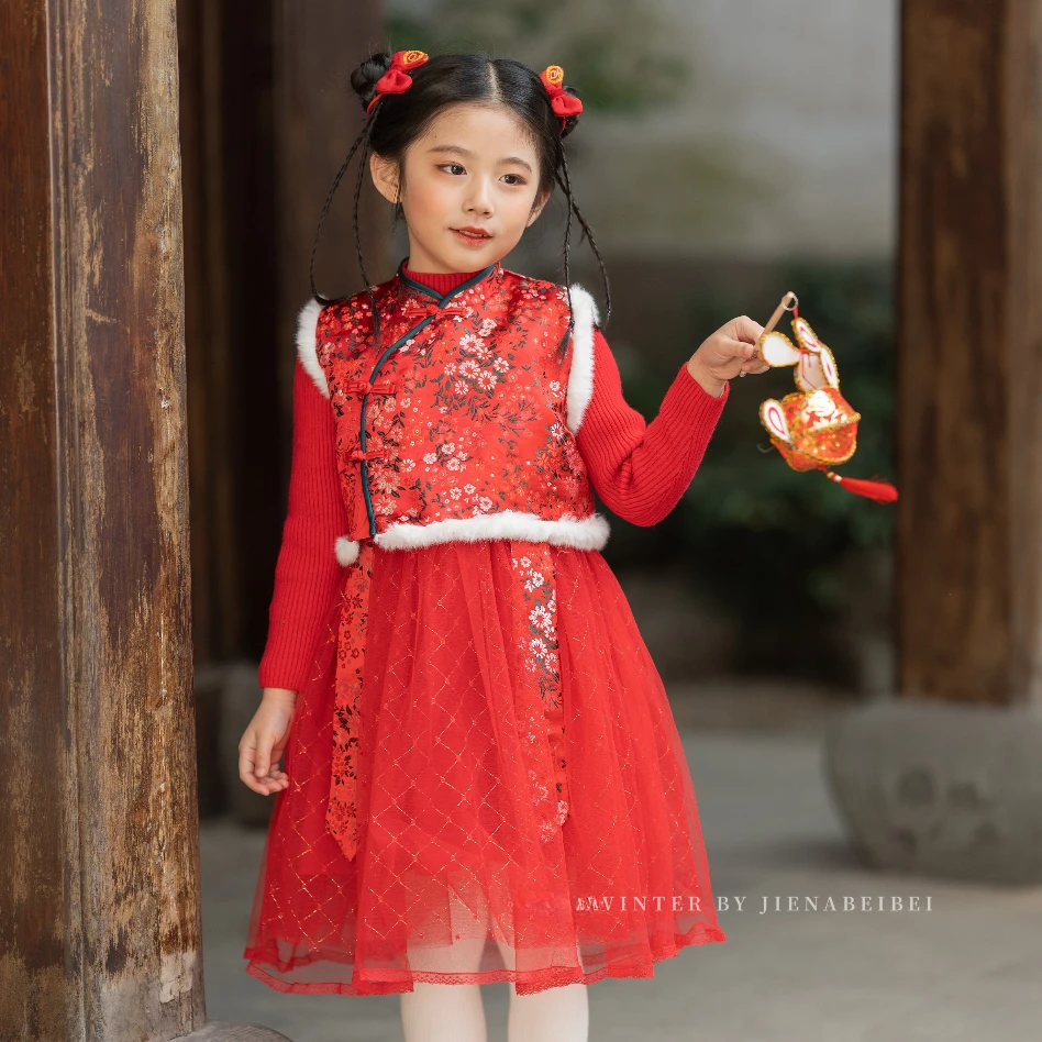 冬季新款拜年装新中式唐装女中小针织连衣裙棉马甲两件套8020