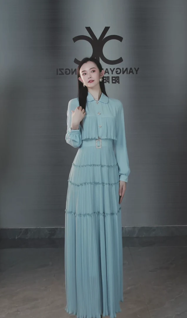 罗马假日105179假两件衬衫领百搭蓝色长款收腰显瘦大摆新品连衣裙
