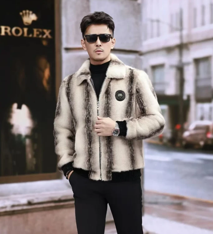 宽松型仿毛皮草皮衣冬季毛绒保暖翻领厚款休闲修身