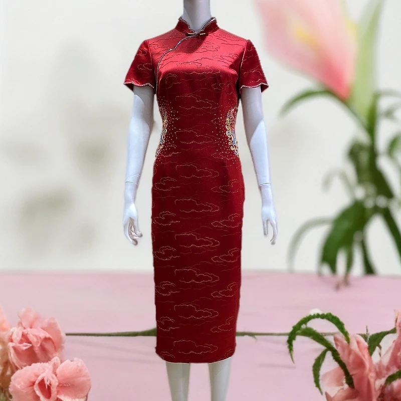 六礼170796喜婆婆喜妈妈花好月圆高端旗袍优雅修身中长款酒红色
