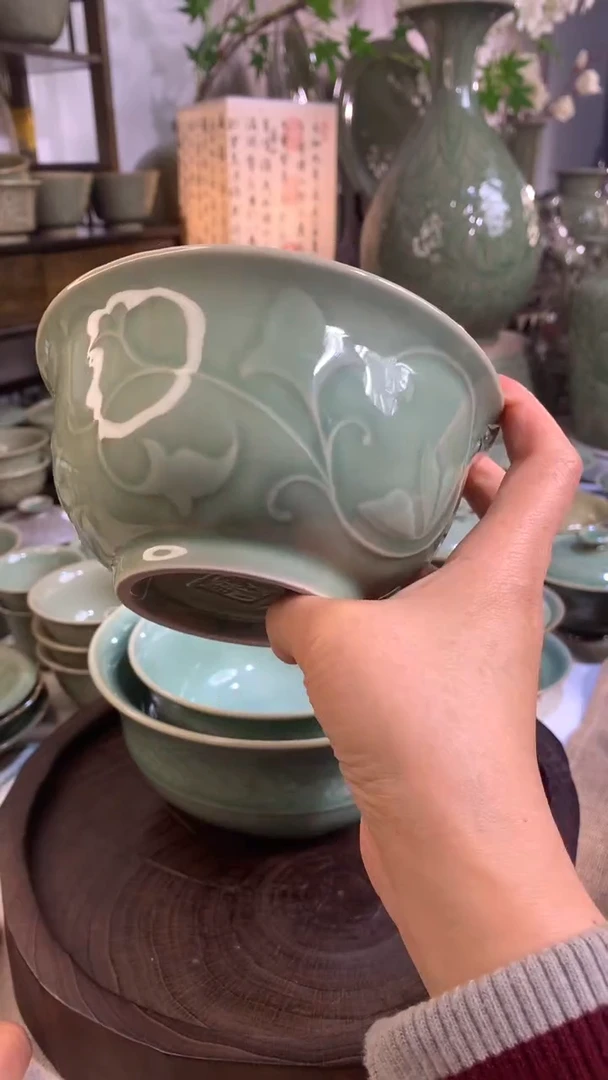 耀州窑微瑕青瓷玉兰碗14.5CM四只+一只瑕品