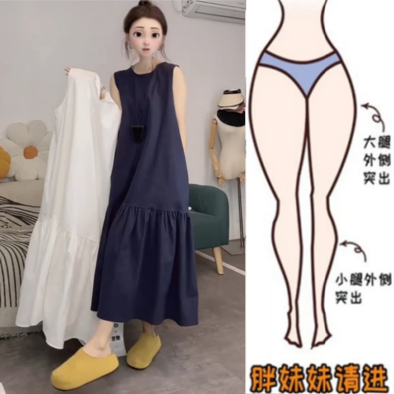 女梨型身材夏季薄款圆领显瘦法式淑女风设计感拼接侧兜亚麻连衣裙