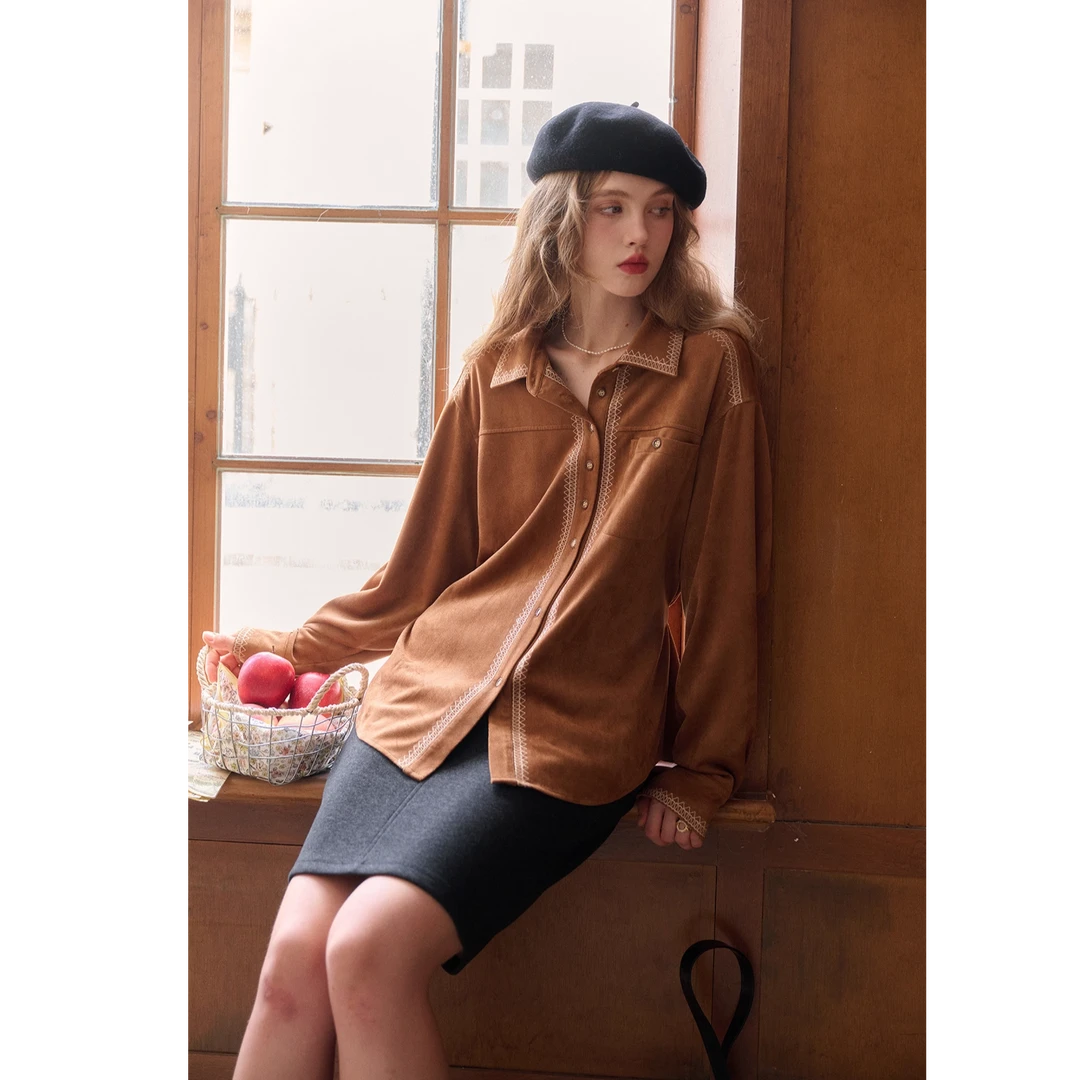 SimpleRetro波希草原 波西米亚仿麂皮绑带收腰刺绣撞色长袖衬衫女