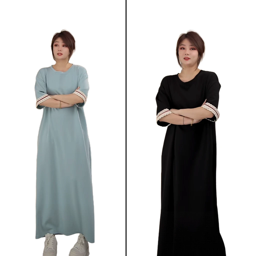 小韩日记【休闲美学】连衣裙时尚夏季薄款简约圆领拼接蕾丝舒适2601