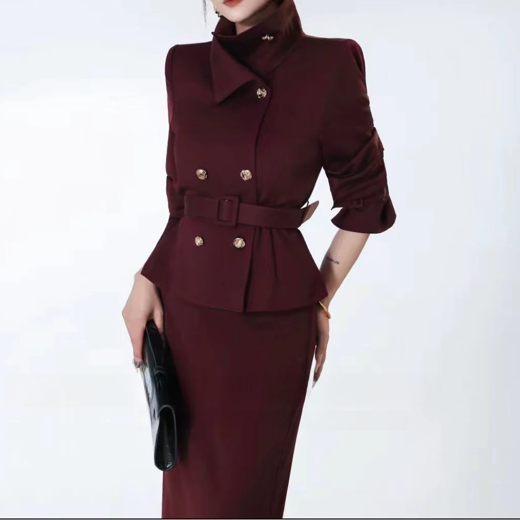 【晨浠定制】翻领风衣短外套包臀半身裙两件套套装9190