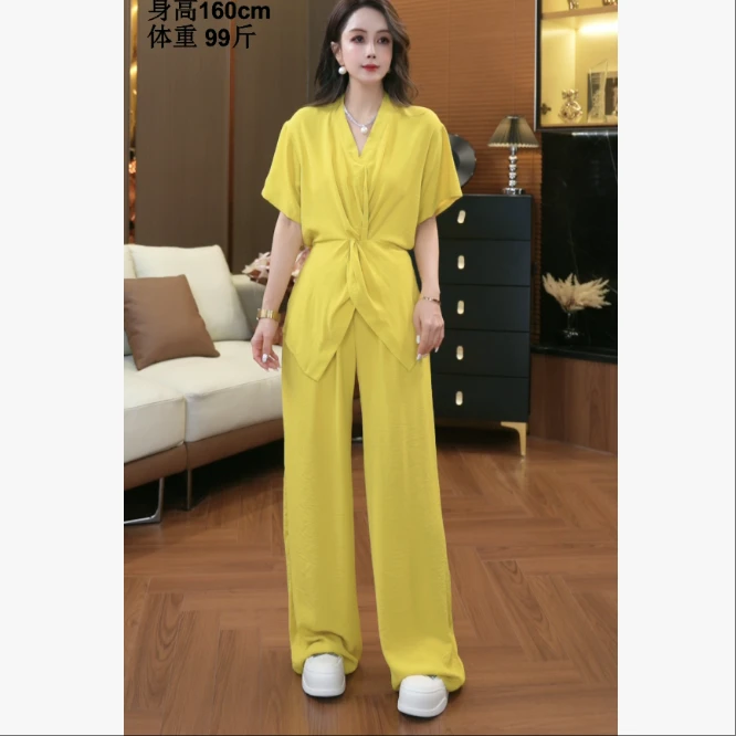 【鑫蕾】时尚扭结上衣搭配松紧腰阔腿裤时尚套装28877