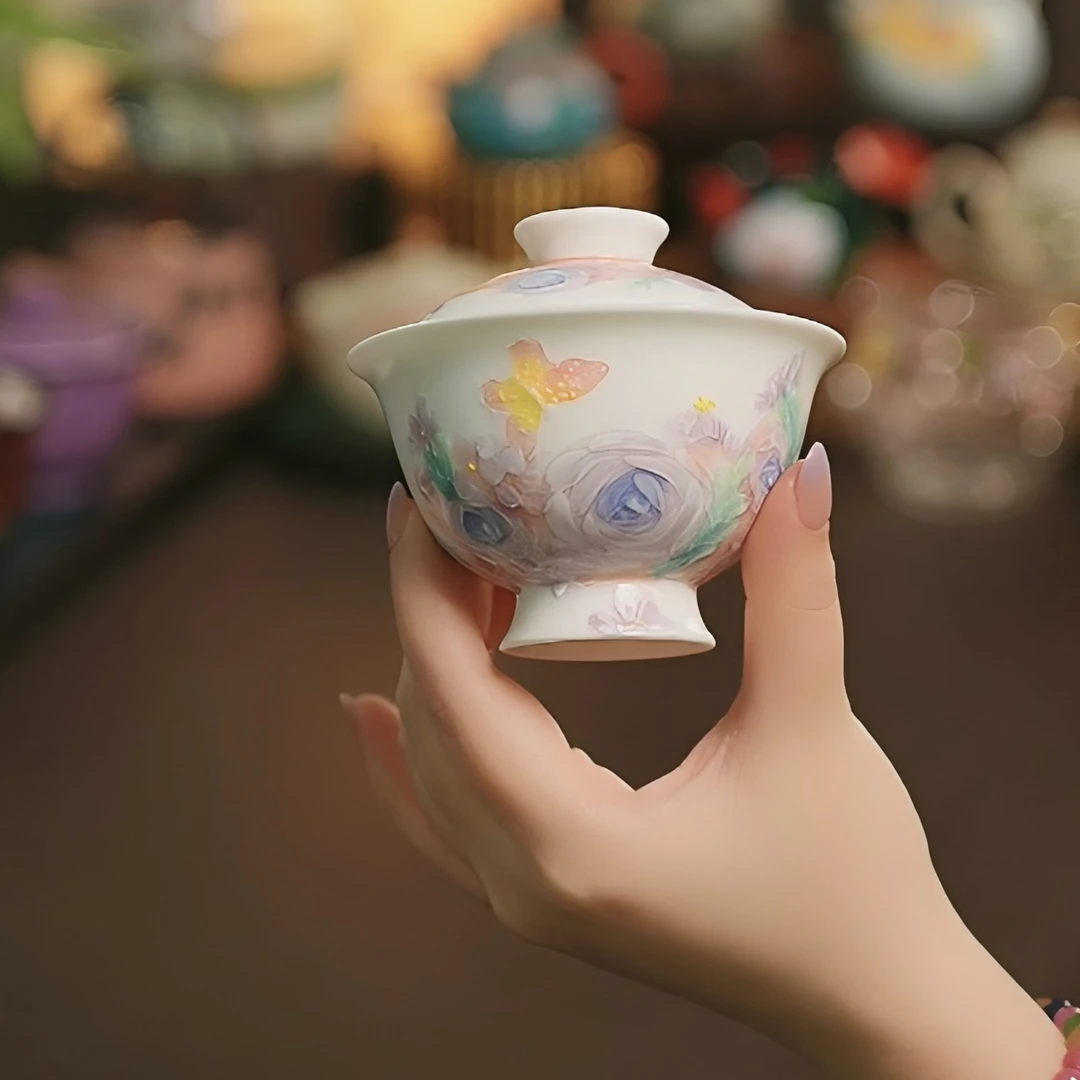 花影纯手绘釉下堆绘玫瑰花油画风优雅陶瓷茶具盖碗（130ml）