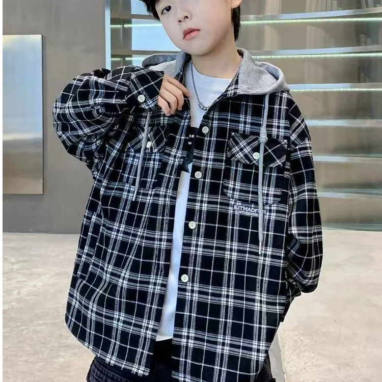 2025新款儿童格子衬衫中大童衬衣薄款痞帅连帽外套9409