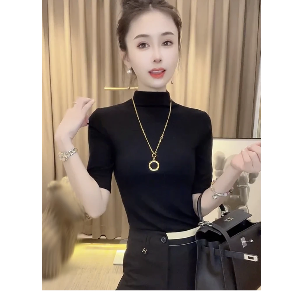 法式莫代尔半高领中袖T恤女早秋2025新款洋气修身百搭五分袖上衣