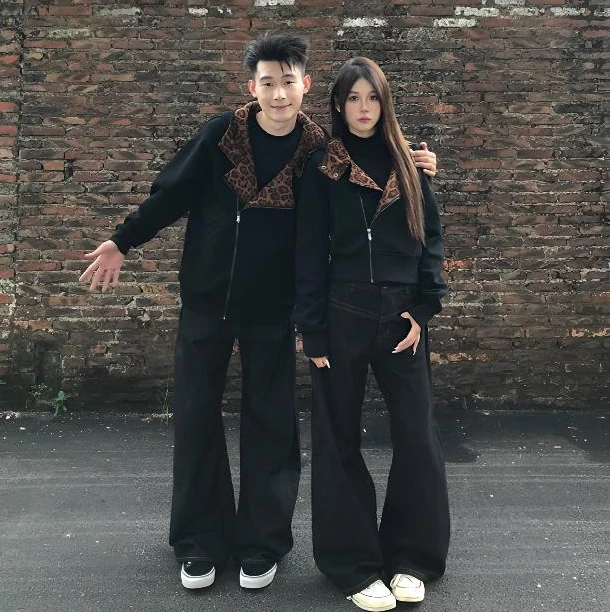 YYMDG美式复古豹纹一长一短连帽卫衣男女春秋宽松情侣拉链外套