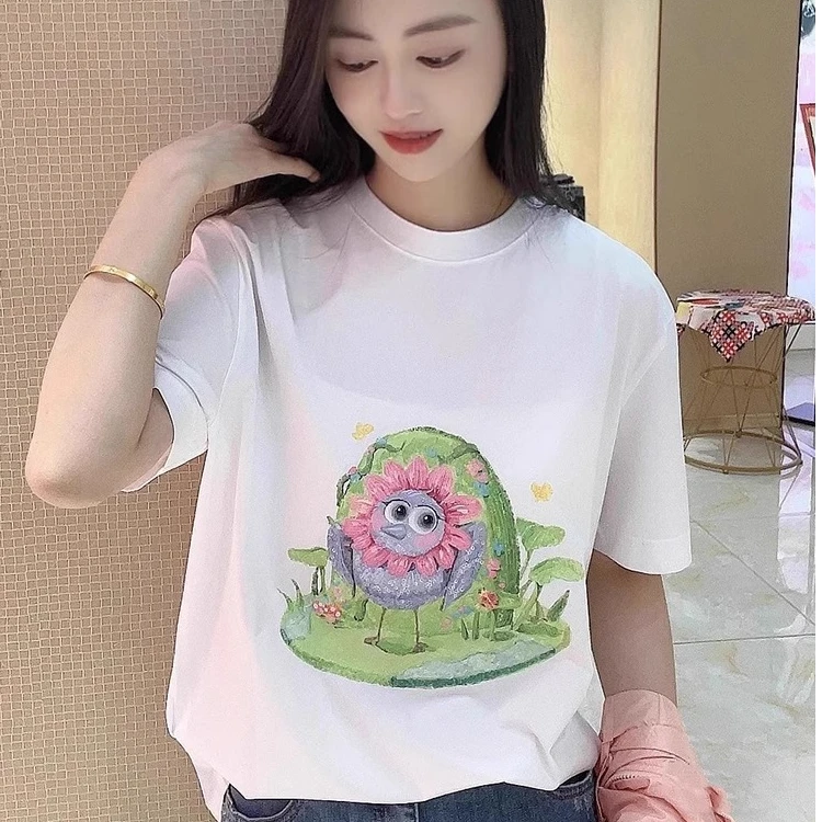 【专柜品质】夏季新款宽松卡通印花珠片圆领短袖T恤1300901