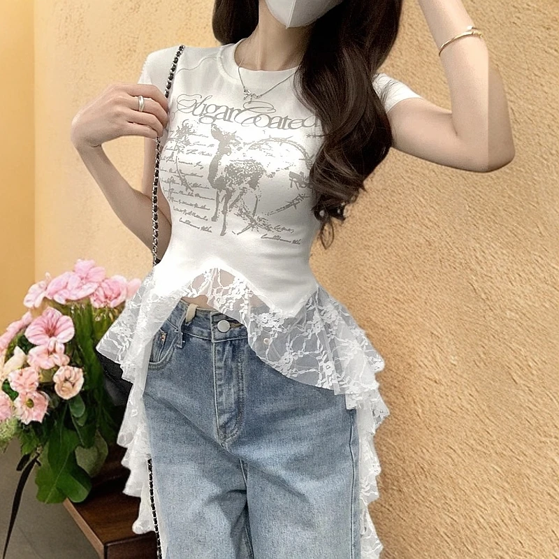 法式辣妹风蕾丝内搭短袖T恤女2025新款夏季修身显瘦打底印花上衣