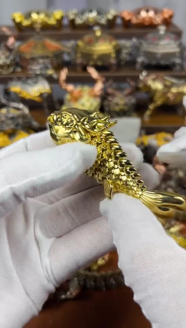 鱼化龙黄铜摆件可动小号