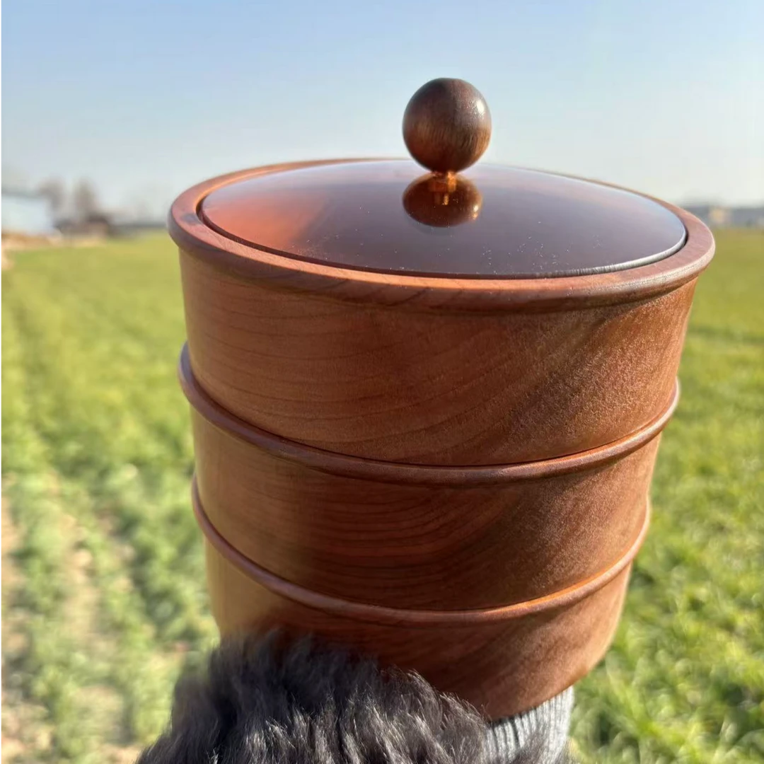 【饱饱圆盒】樱桃木手工中式木制实木圆盒收纳三层收纳15*15*4.5cm