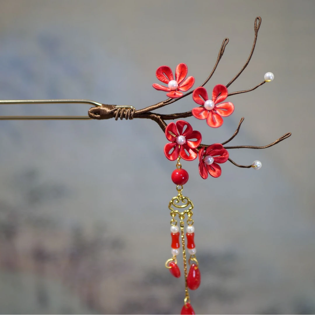 红梅手工缠花发簪古风简约日常古典国风复古百搭红色超仙簪发