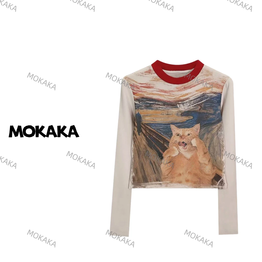 【橘猫】2025南油设计师新款潮味彩绘涂鸦艺术橘猫撞色时尚百搭上衣