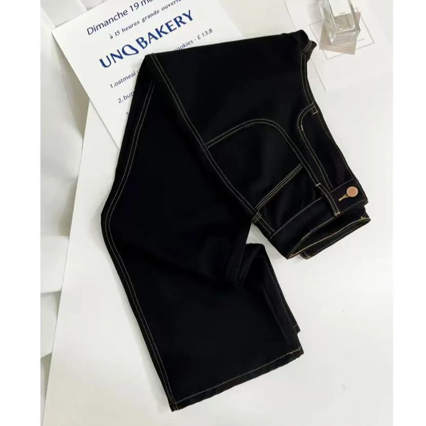 秋冬加绒加厚高腰显瘦黑色阔腿牛仔裤女宽松撞色设计感窄版裤