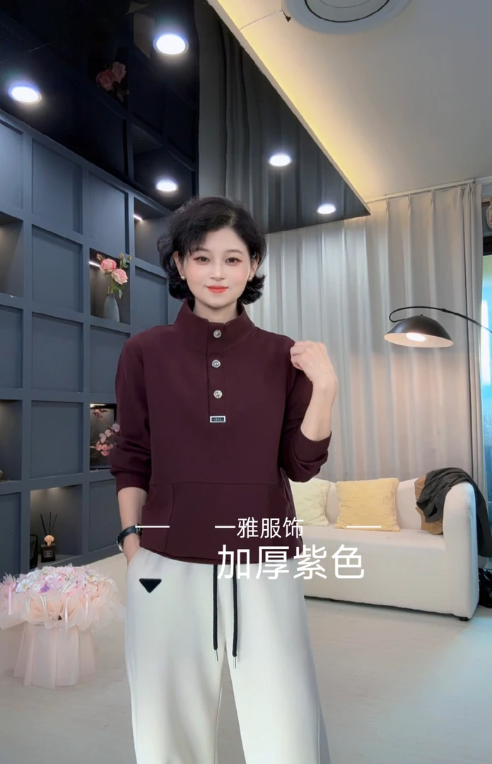 2025年秋冬新款卫衣女士打底上衣宽松扣子立领加厚卫衣2556