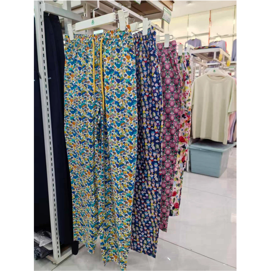 AB印花薄款高腰休闲风口袋休闲裤中老年宽松防蚊裤纯棉