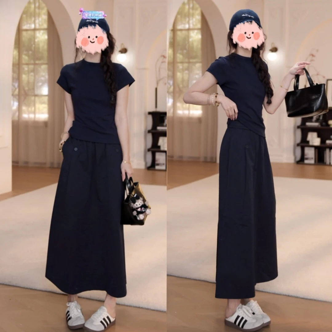 2025夏季洋气衣服女简约纯色净版短袖T恤上衣显瘦百搭休闲半身裙