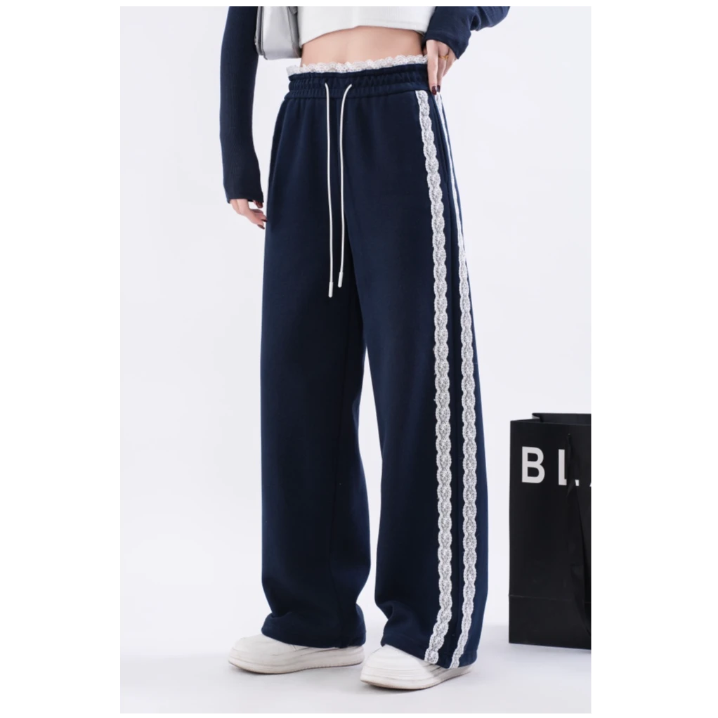 1蕾丝花边高腰拼接原宿风宽松休闲两穿春秋卫裤