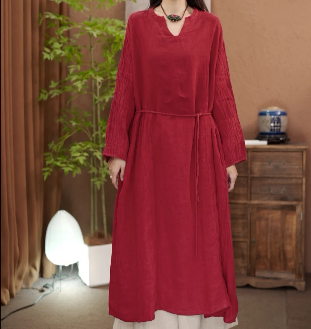 【原制原味】2025秋季新款7067汉麻长袖单层宽松可系带中长款袍子