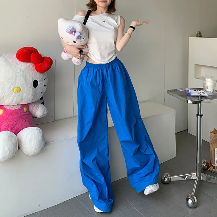 2025春夏新款蓝色运动阔腿裤hiphop宽松伞兵褶皱直筒裤子女款夏季