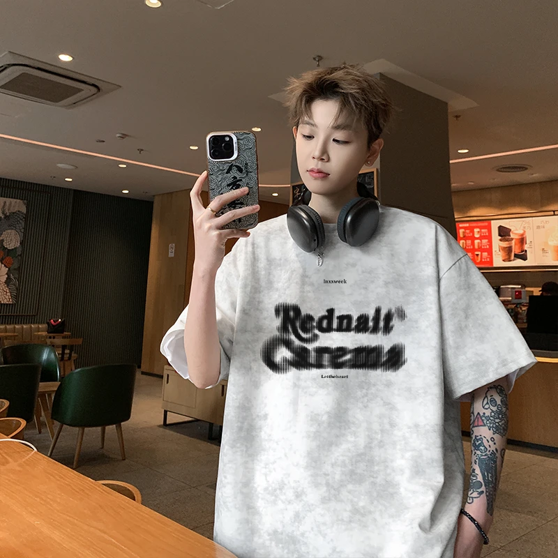 夏季新款纯棉扎染短袖男重磅百搭潮牌T恤美式半袖宽松潮流印花ins