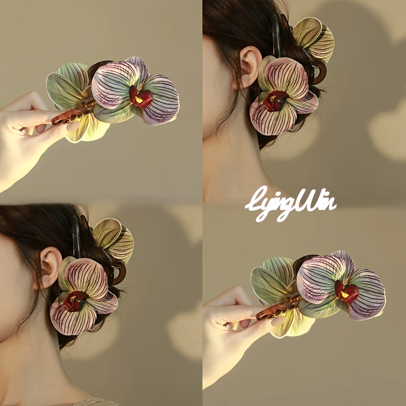 LyingWin新中式仙女风蝴蝶兰发夹抓夹鲨鱼夹后脑勺马尾夹精美发饰