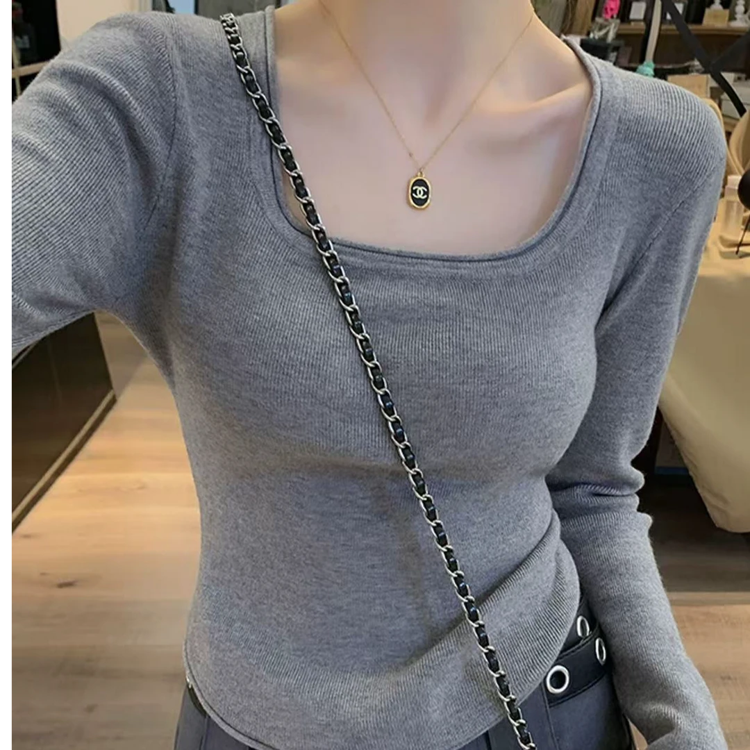 2025年春季方领露锁骨打底衫女卷边修身小个子短上衣内搭针织毛衣