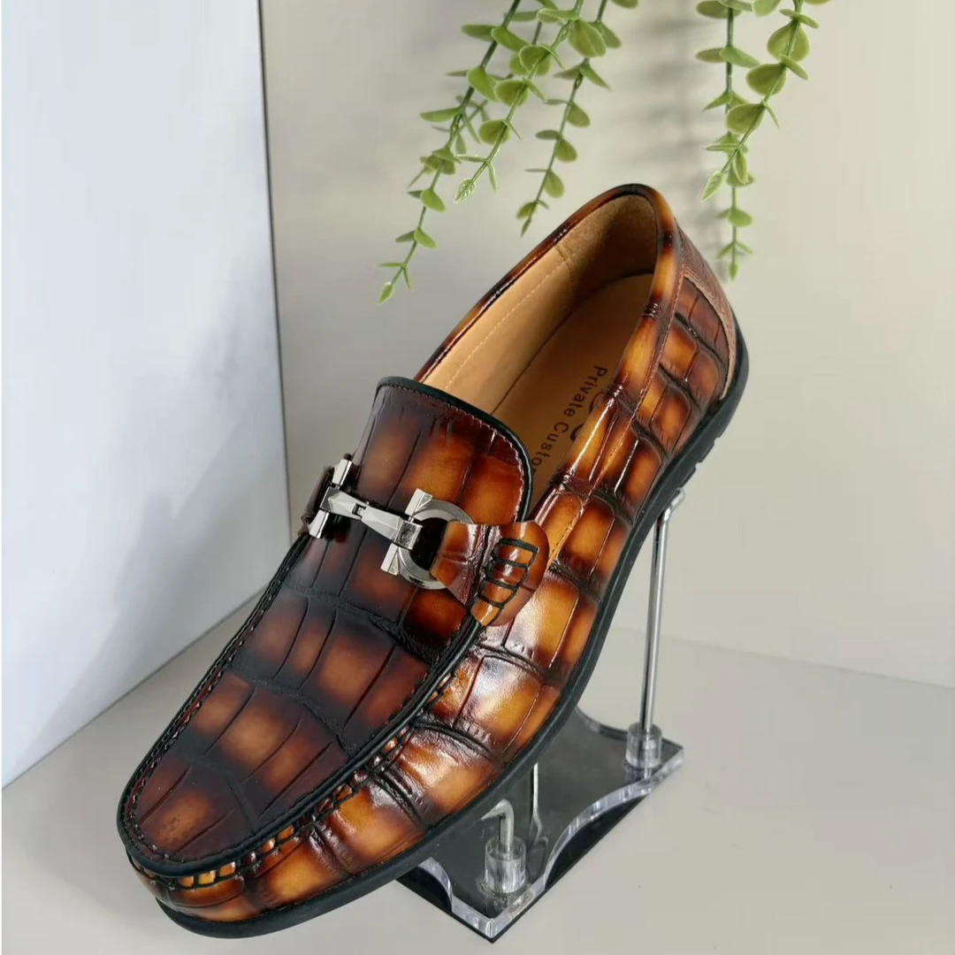 休闲车缝线夏季豆豆鞋乐福鞋商务时尚男款休闲鞋檫色真皮豆豆鞋