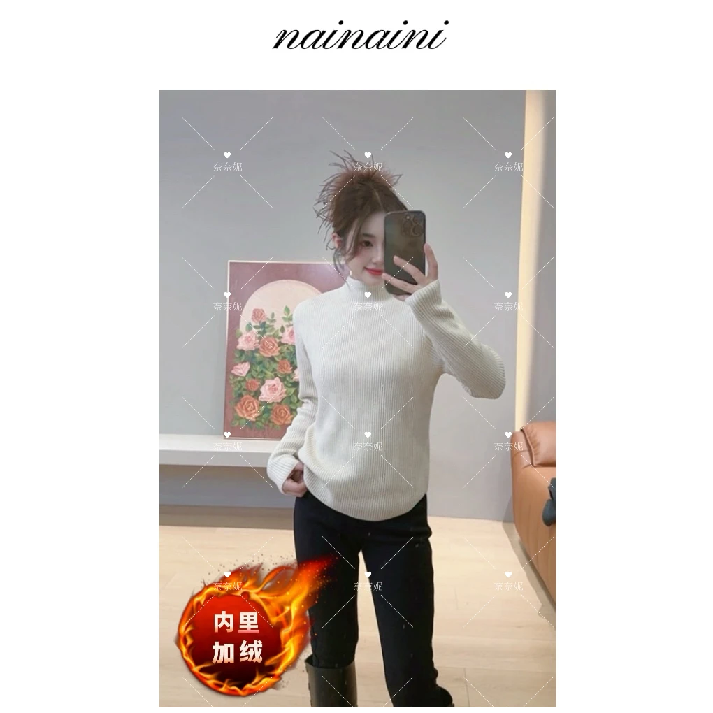 奈奈妮【淡奶油】加绒针织毛衣女2025小个子秋冬时尚百搭7802