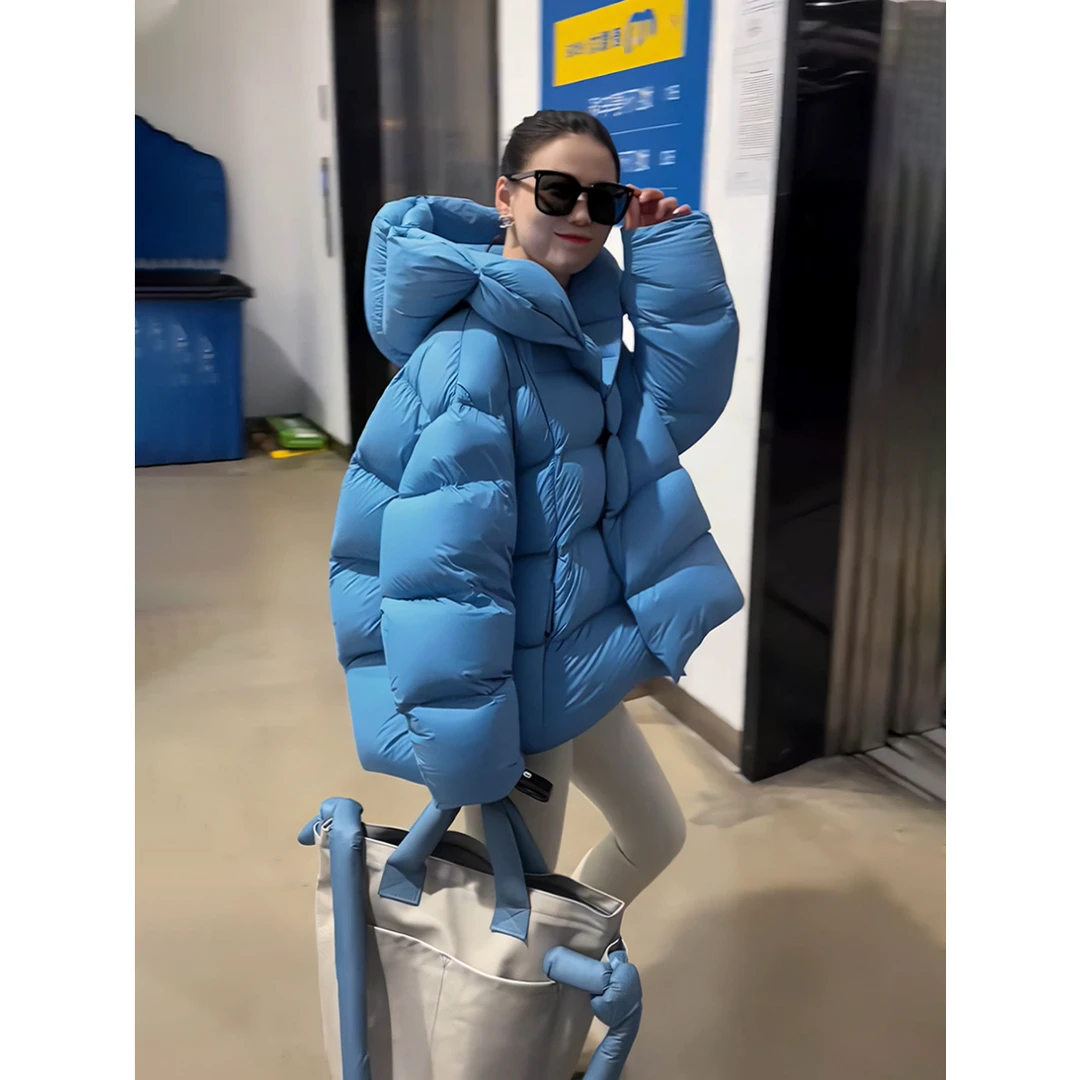 秋冬季新款气质高级感蓝色连帽花苞棉服女短款加厚小个子保暖外套