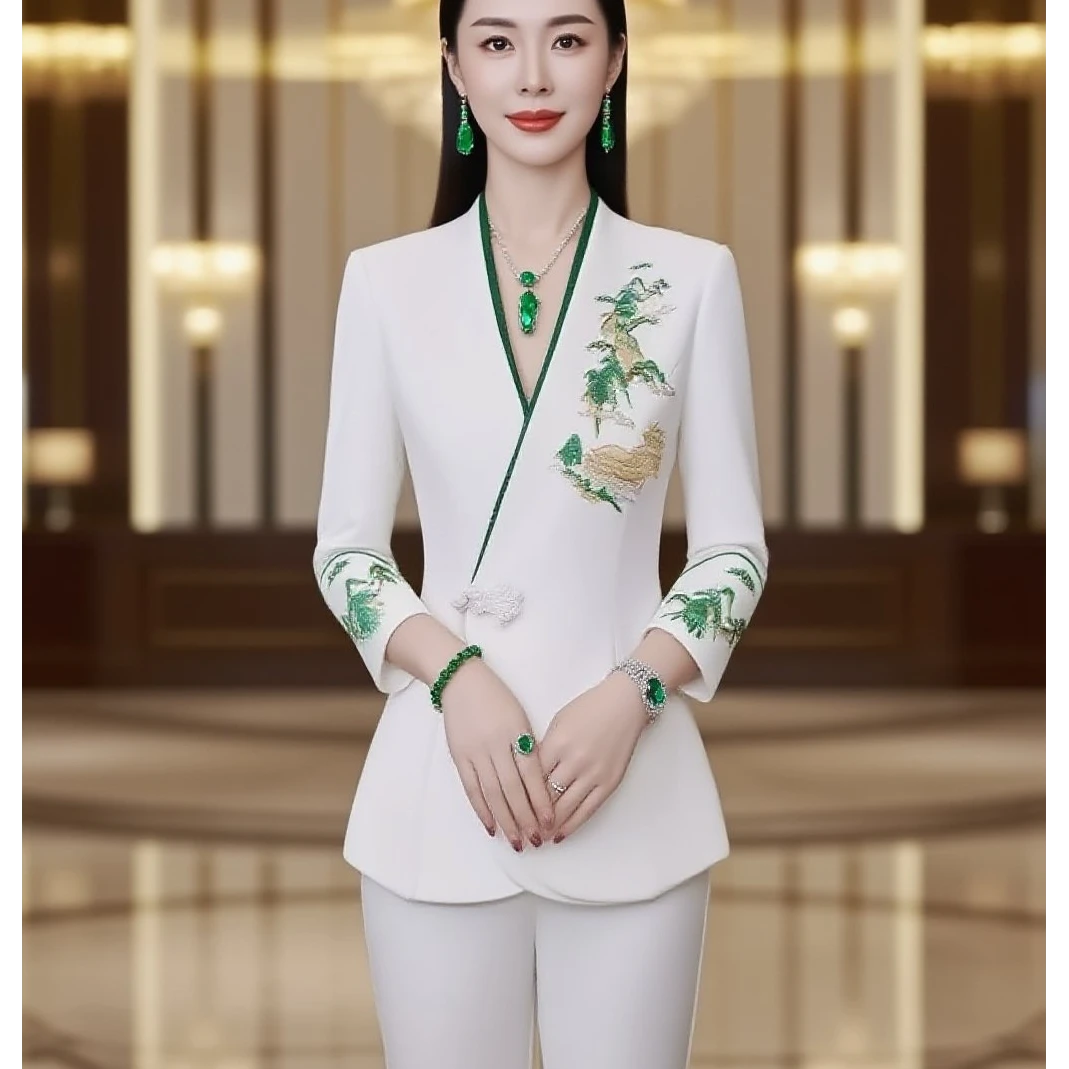 25268（厚）-2025秋冬新款升级重工刺绣撞色拼接领口气质设计套装