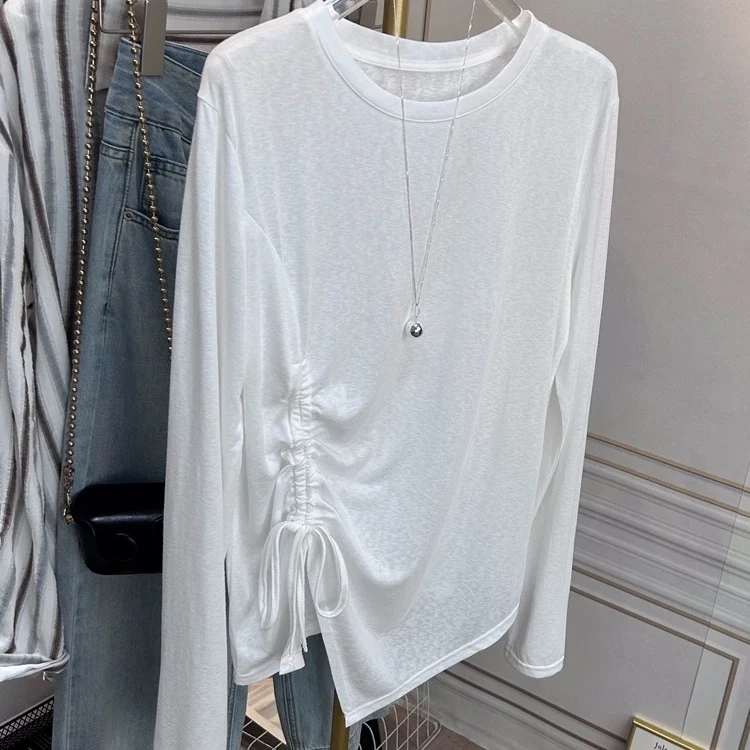 大码女装2025新款韩版宽松显瘦针织衫长袖T恤抽绳凉凉衫7121